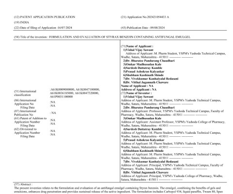 Title of invention-Formulation and evaluation of styrax benzoin containing antifungal emugel