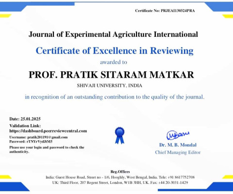Certificate of Excellence for  contribution as a reviewer for the Journal of Experimental Agricultural International.