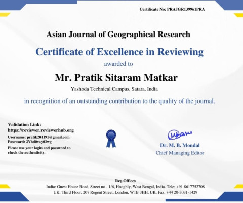 Prof. Pratik Sitaram Matkar Recognized for Excellence in Research Review