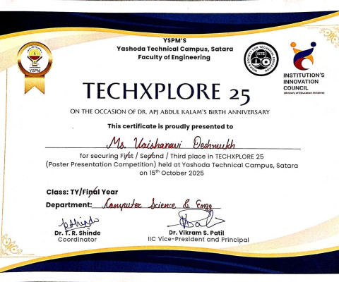 secured Third Rank in the Poster Presentation Competition at TECHXPLORE 25 on 15 October 2025 at YTC, Satara.