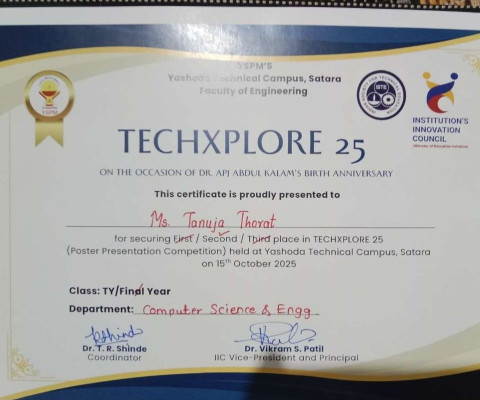 secured Second Rank in the Poster Presentation Competition at TECHXPLORE 25 on 15 October 2025 at YTC, Satara.