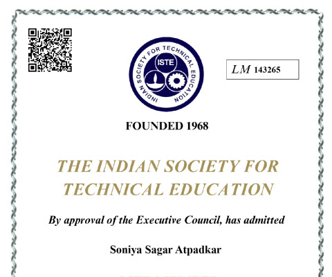 Ms. Soniya Sagar Atpadkar is a Life Member of the Indian Society for Technical Education (ISTE).