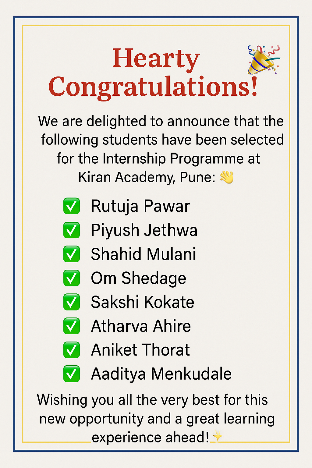 Proud Moment! 8 Students from CSE Department Selected for Internship at Kiran Academy, Pune