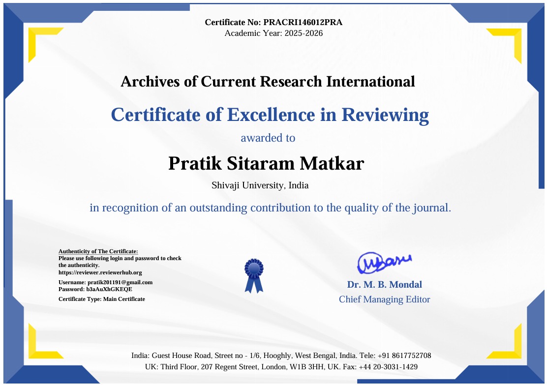Prof. Pratik Sitaram Matkar Honoured with Certificate of Excellence in Reviewing